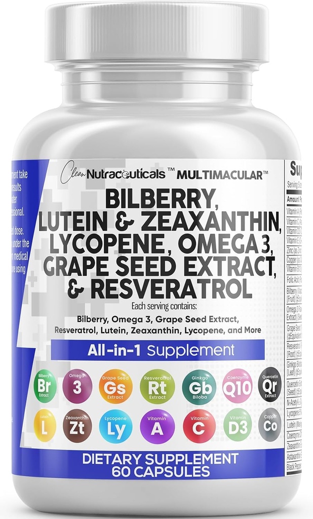 Bilberry Lutein과 Zeaxanthin 보충 교재를 가진 청결한 Nutra 눈 비타민은 40mg Resveratrol 포도씨 Astaxanthin 눈 - 눈 배려 건강 지원 눈 비타민과 무기물 보충교재를 보충합니다