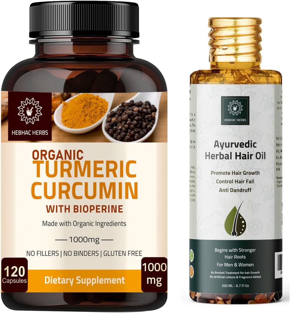심황 Curcumin 캡슐과 Ayurvedic 초본 머리 기름
