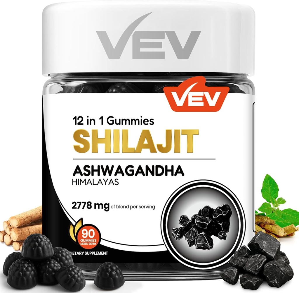 VEV Shilajit Gummies for Men & Women | 1000mg Shilajit & Ashwagandha Gummies with Sea Moss & L-Theanine for Energy, 활력 및 스트레스 밸런스 | Vegan, 추가 설탕 | 매일 웰빙을위한 90 카운트