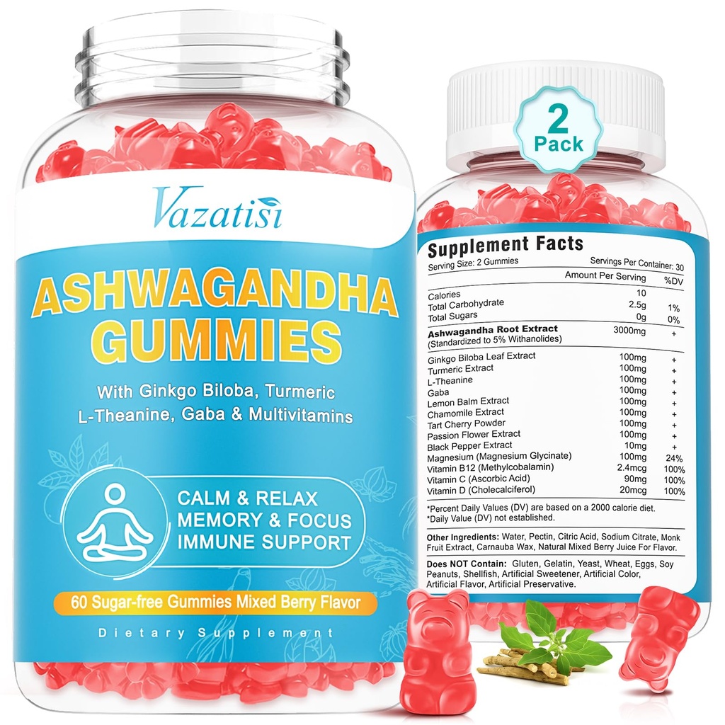 2 팩 Ashwagandha Gummies와 Turmeric GABA 계류 에너지와 면역 지원, 혼합 Berry 맛 120 Cts