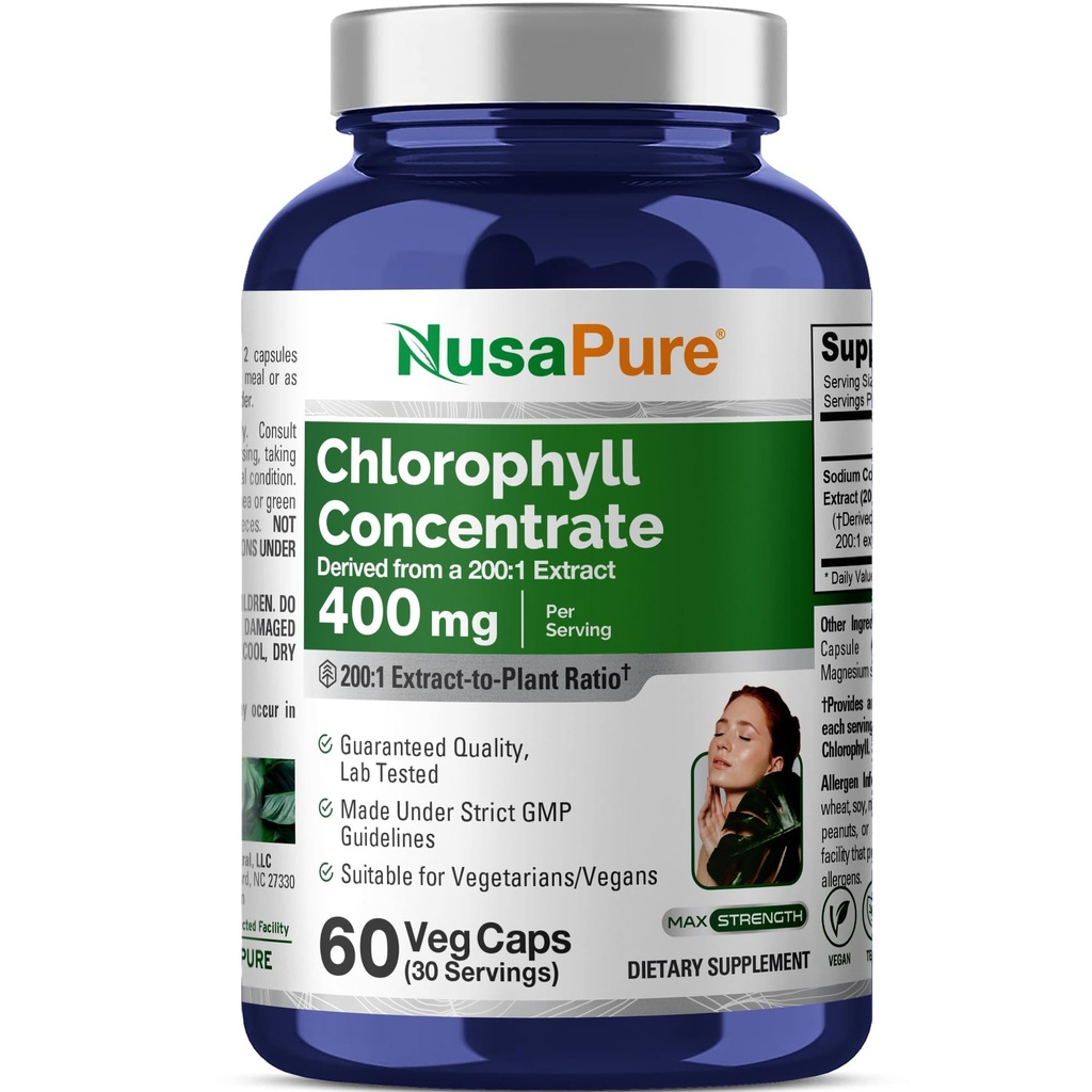 NusaPure Chlorophyll 200:1 추출물, 80,000mg에 400 mg 동등한 60 Veggie 모자 (섭리, 비 GMO, Vegan) 나트륨 구리 Chlorophyllin 당 동등한 80000mg