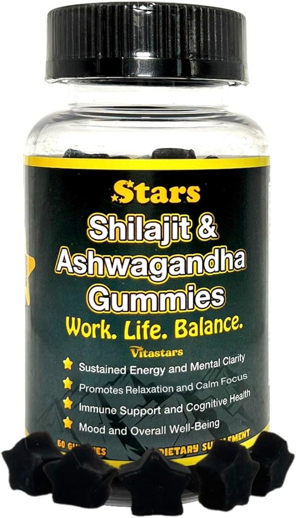 Shilajit Ashwagandha Gummies - 순수한 Shilajit 수지와 면역 지원 보충 - 스트레스, 에너지 및 웰빙을위한 유기 Ashwagandha Gummy, 60 자연 별 모양 Gummies