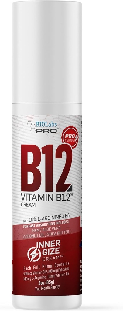BIOLABS PRO INNERGIZE B12 크림 - 모든 자연적인 화제 B12 w/B6 & 10% L 아르기닌 - 고급 신경 및 운동 지원 - 직업적인 급료 메틸 B12 - B6