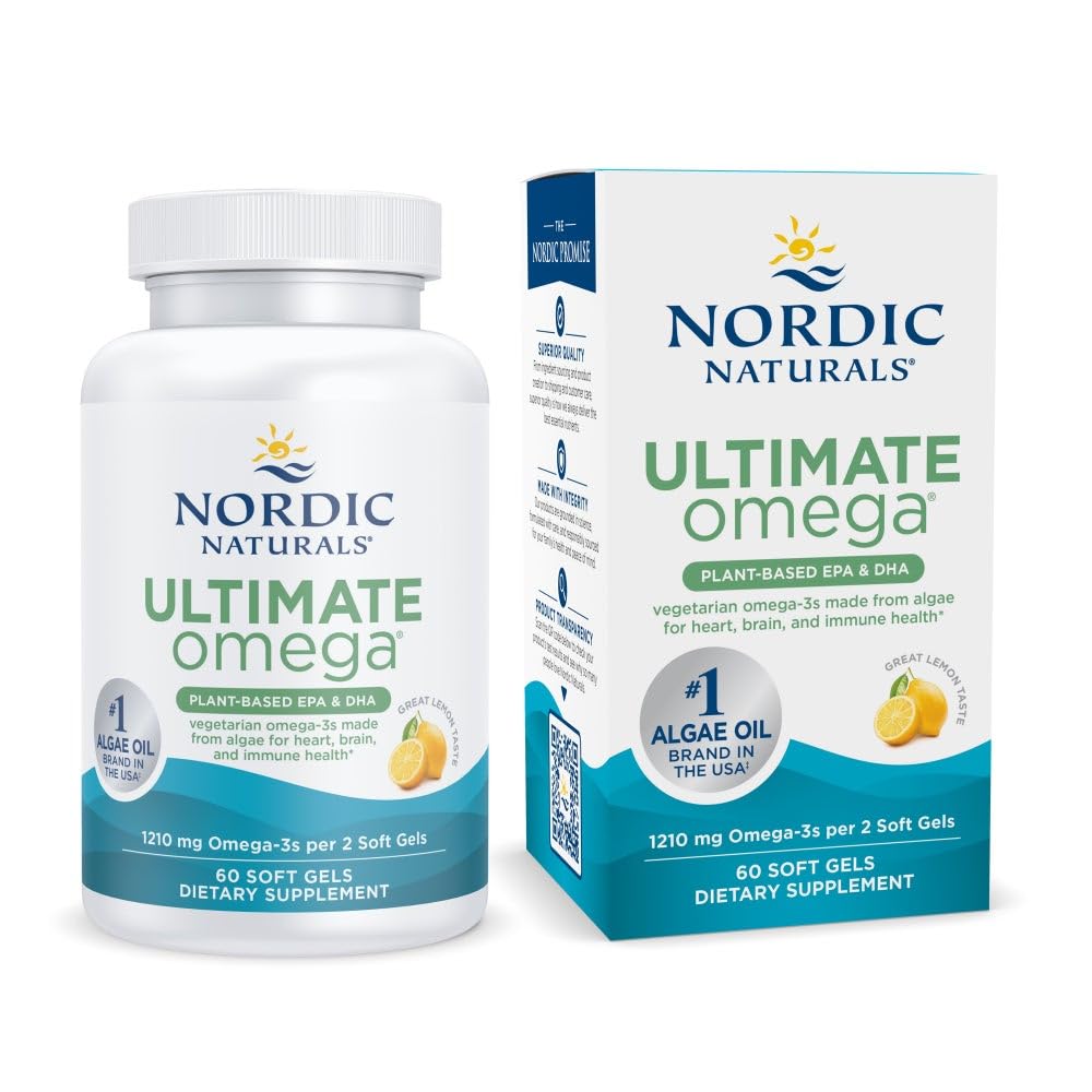 북유럽 자연 식물 기반 궁극적 오메가, 레몬 맛 - 60 채식 소프트 젤 - 1210 mg 오메가-3 - Vegan EPA와 DHA - 조류에서 만든 보충 - 두뇌 & 심장 지원 - 비 GMO - 30 서빙