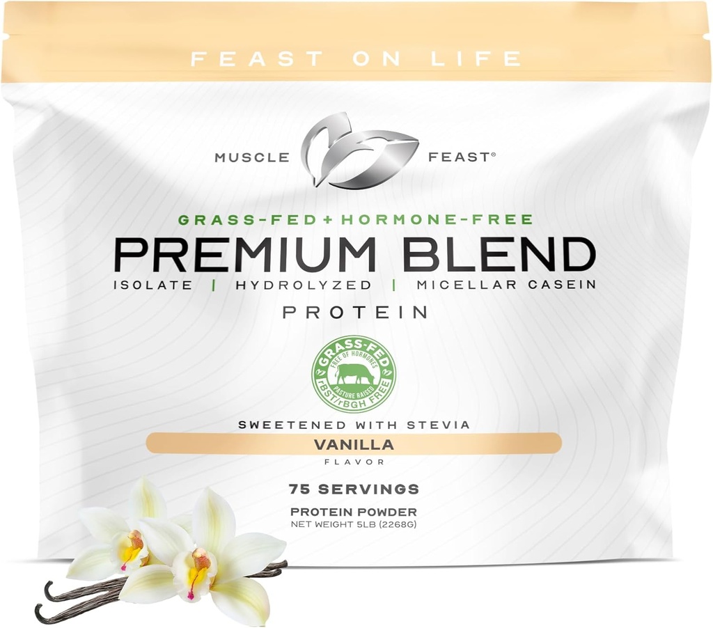 근육 Feast 잔디 Fed 프리미엄 혼합 Whey Protein, Hydrolyzed Whey, Isolate, Micellar Casein, 21g Protein, 100 칼로리 (Vanilla, 5lb)