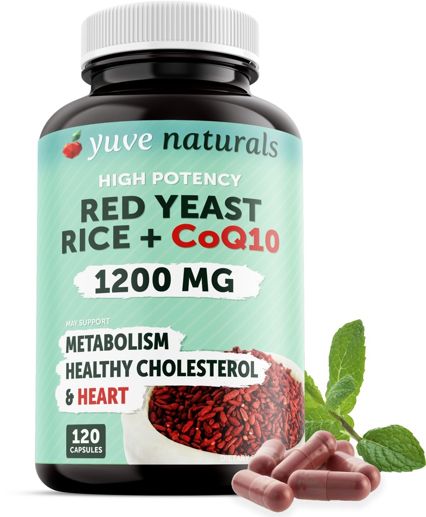 100% 자연적인 빨간 효모 밥 CoQ10 100 mg를 가진 1200 mg, 1에서 2개는, 건강한 콜레스테롤 수준을 유지합니다 - 120 Veggie 캡슐
