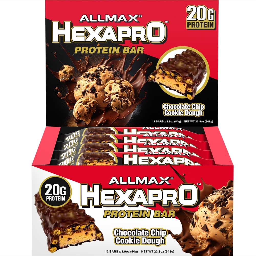 ALLMAX HEXAPRO PROTEIN BAR, 초콜릿 칩 쿠키 반죽 - 12 팩 - 하이 프로테인 에너지 스낵 - 20 g of Protein Per Bar - Whey Protein Isolate