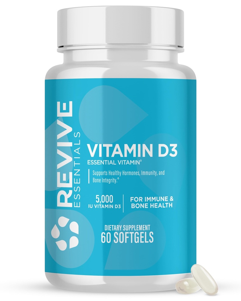 Revive MD 비타민 D3 보충교재, 5000 IU - Immune 지원, 칼슘 흡수, 뼈 & 근육 건강을 위한 높은 힘 Cholecalciferol - 충전물 없이 비 GMO 규정식 보충교재 - 60 Softgels