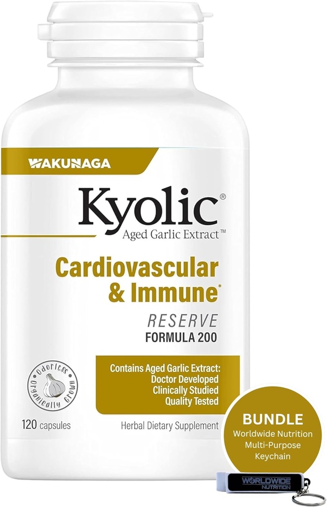 Kyolic Aged Garlic Extract, Cardiovascular & Immune과 호환되는 Worldwide Nutrition Bundle - 공식 200, Kyolc Aged Garlic Extract 캡슐 120 카운트 및 다목적 키 체인 예약