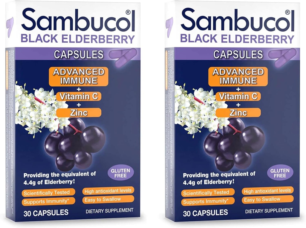 Sambucol 검정 Elderberry 캡슐 - 고급 면역, 비타민 C 및 아연, Elderberry 캡슐, 면역 지원, 검정 Elderberry 보충 교재, 글루텐 무료, 삼키기 캡슐에 쉽게 - 30 개, 2-Pack