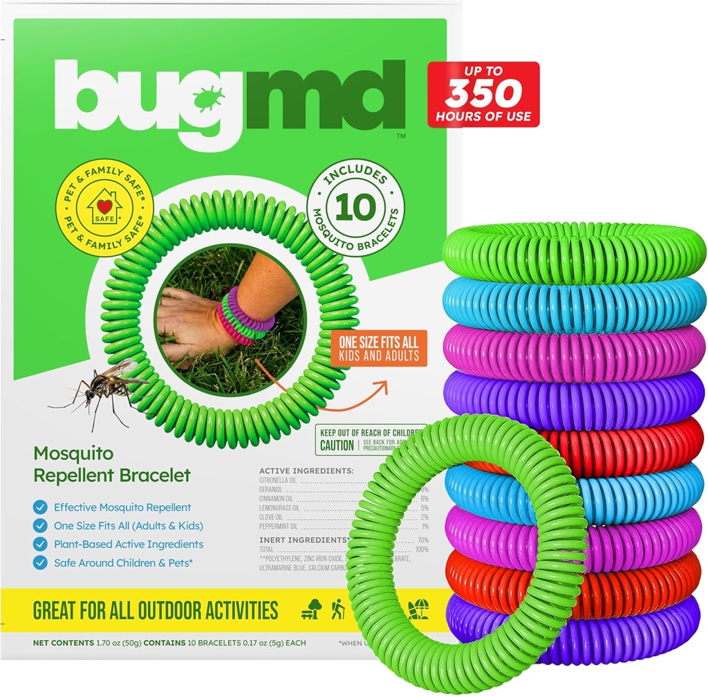 BugMD 10 팩 Mosquito 팔찌, 성인 & 아이를 위한 DEET 자유로운 밴드, 야영, 하이킹, 바닷가, 여행 & 옥외 정유를 위한 자연적인 & 방수 Citronella 팔찌
