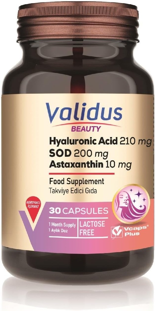 VALIDUS Hyaluronic 산 210 mg + Astaxanthin 10 mg 30 캡슐 (Vcaps 플러스)
