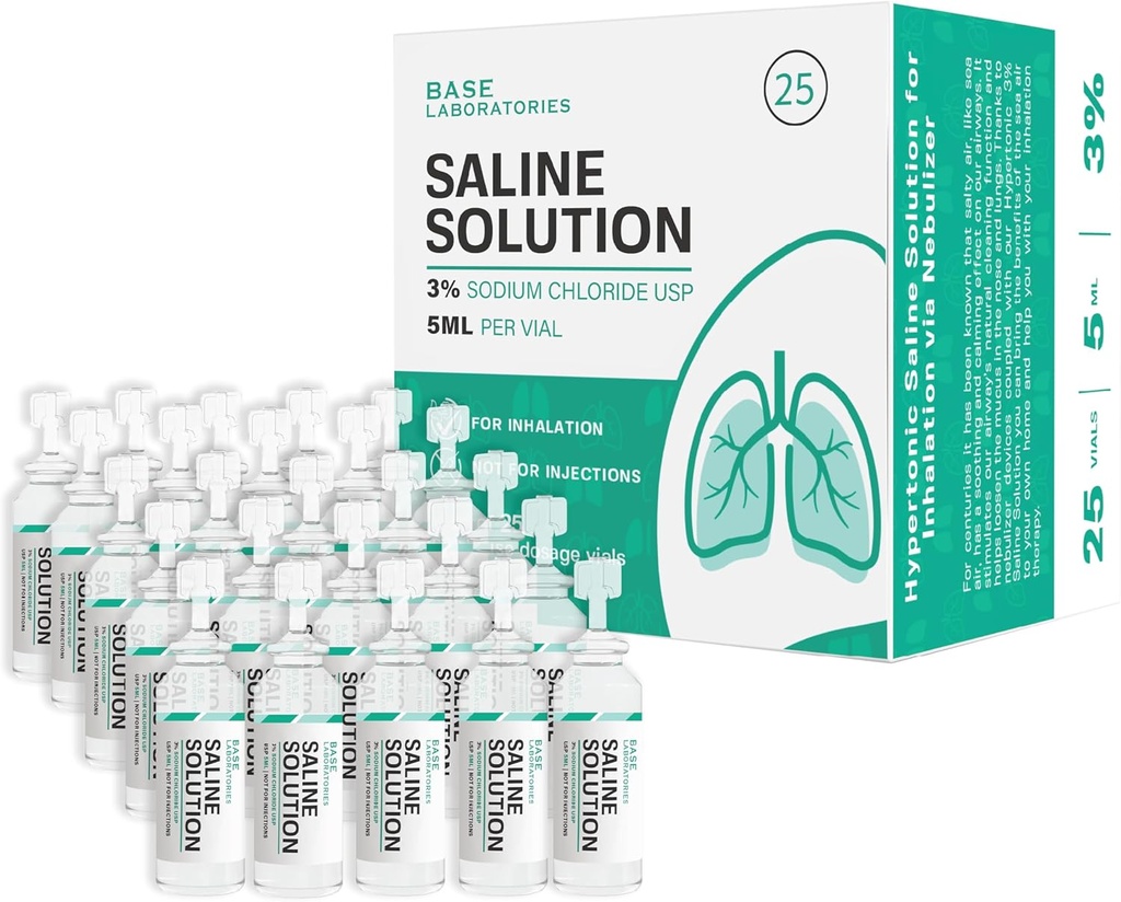 BASE LABORATORIES 3% Nebulizer 기계 용 사선 솔루션 | 흡입 및 Nasal 관개 용 사선 솔루션 | 높은 3% 농도 l 25 바이알 5ml 단위 복용량