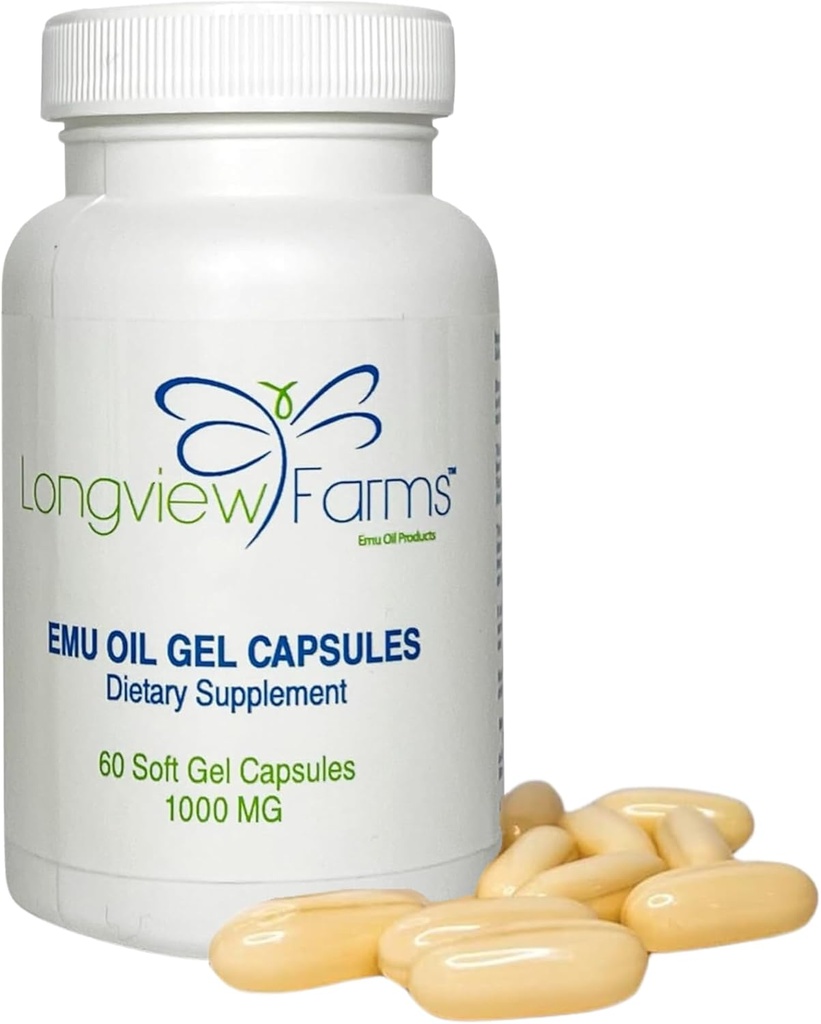 Longview Farms® Emu Oil Gel Capsules | 100 % 순수 에뮤 오일 피부 건강, 기동성 및 일반 웰빙 | 천연 오메가 3, 6, 9 및 필수 비타민 | 60 캡슐