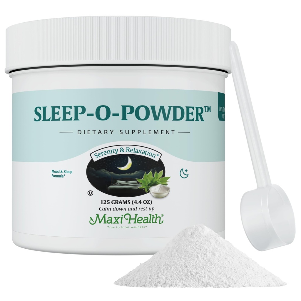 Maxi Health - Magnesium, Inositol & L-Tryptophan가있는 수면 분말 - 수면 보조를 형성하는 Zero Melatonin Non Habit - 쉬운 음료 혼합, 편안한 수면 음료 보충, 4.4 Oz Sleep-O-Powder