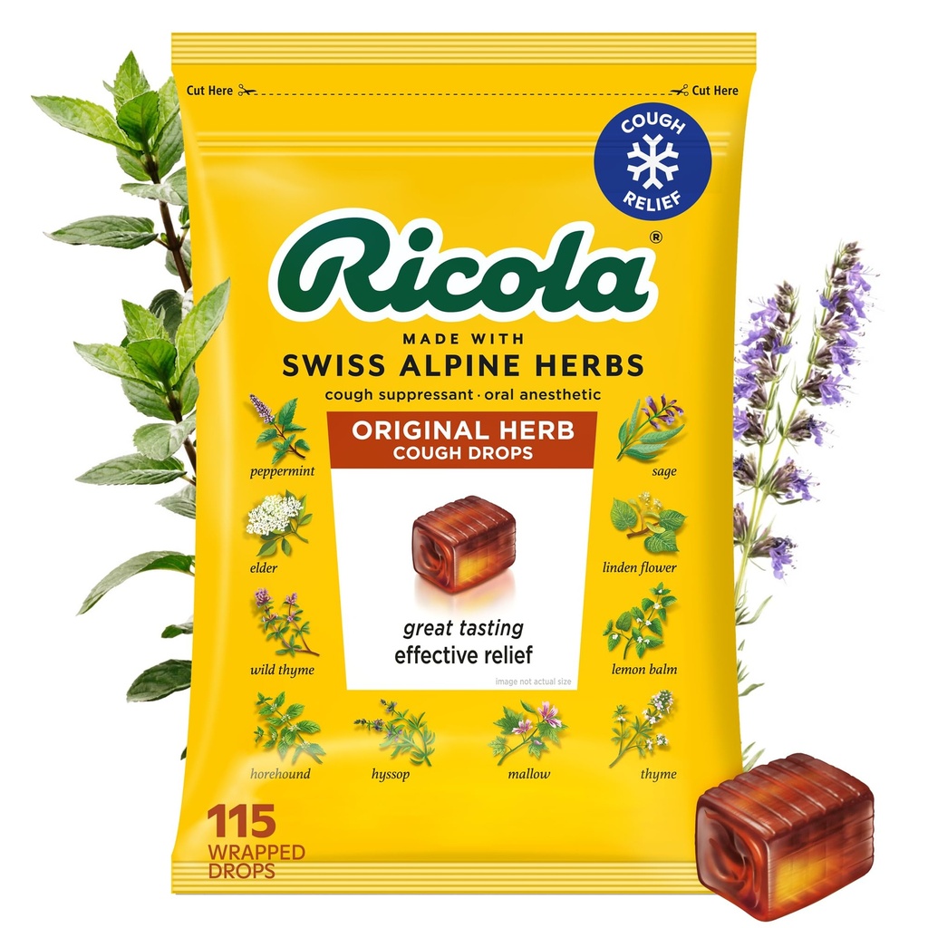 Ricola Original Herb Cough Drops, 115 Count, Cough Suppressant & Throat Relieving Drops with Naturally Sourced Menthol, Coughs & Throat Irritation Symptom의 초본 맛