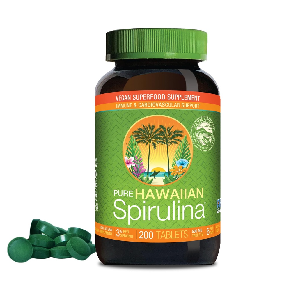 Nutrex Hawaii, Pure Hawaiian Spirulina 500 mg, Vegan, 지원 면역 체계, 심장, 세포 및 에너지, 200의 정제