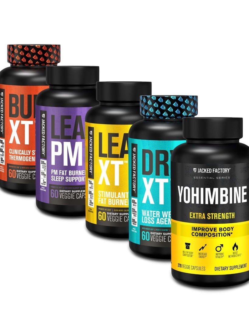 Jacked Factory Thermogenic 뚱뚱한 가열기 체중 감소 보충교재 - 불타는 XT Thermogenic와 Lean PM 야간 체중 감소 수면 원조 - Lean-XT 카페인 자유로운 뚱뚱한 가열기, Yohimbine 캡슐, 건조한 XT Diuretic