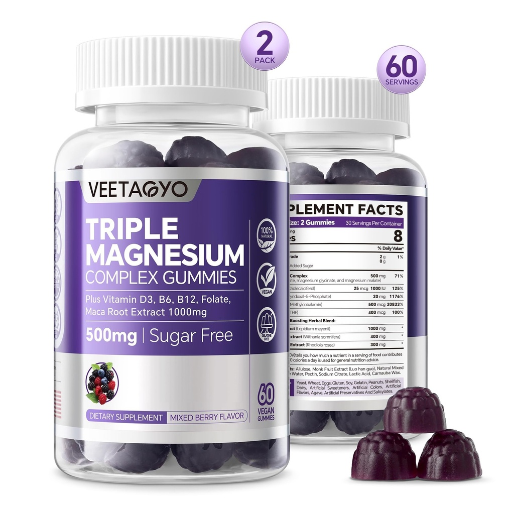 마그네슘 구미 500mg 400mg | 고 흡수, 뼈, 나베, 근육 | 마그네슘 복합 보충 글리세라이드, 타우레이트, 마레이트의 3 가지 형태 | 성인 - 채식, 수가 무료,120Cts