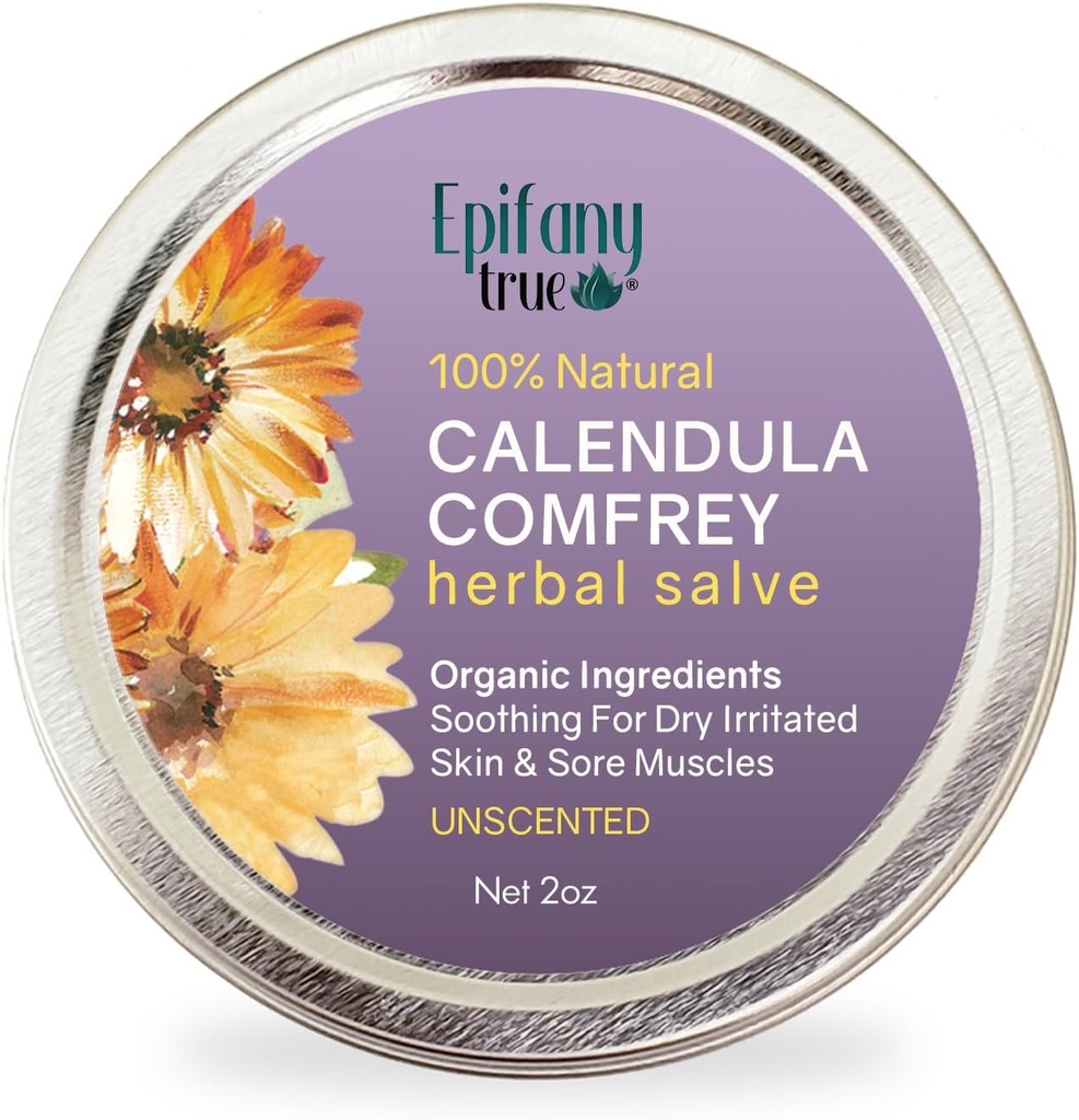 All-Purpose Calendula & Comfrey Herbal Salve 2oz, Fragrance Free, Natural Herbal Ointment, Dry Skin Soothing Balm, Itch Relief, 유기농 성분