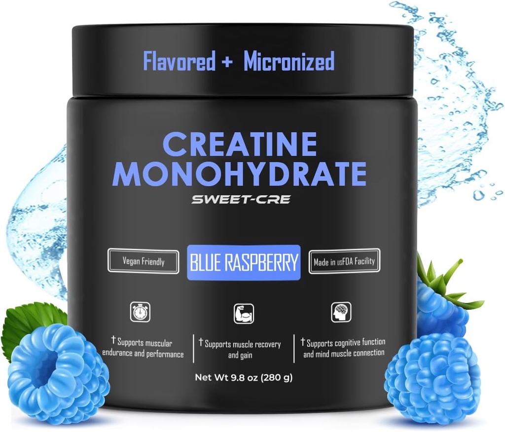 크레아틴 Monohydrate – 5g 크레아틴 Monohydrate 분말 – 여성과 남성을위한 고급 크레아틴 – 대량 보충제 크레아틴 – 맛있는 과일 펀치 맛 – 10oz (40 서빙, 블루 라즈베리)