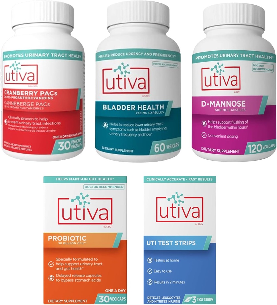 15% 뭉치 Utiva Cranberry PACs 30 Vegi 캡슐 + Utiva Bladder 건강 60 캡슐 + Utiva D-Mannose 500mg 120 캡슐 + Utiva Probiotic 30 지연된 방출 Vegi 캡슐 + Utiva UTI 시험 지구