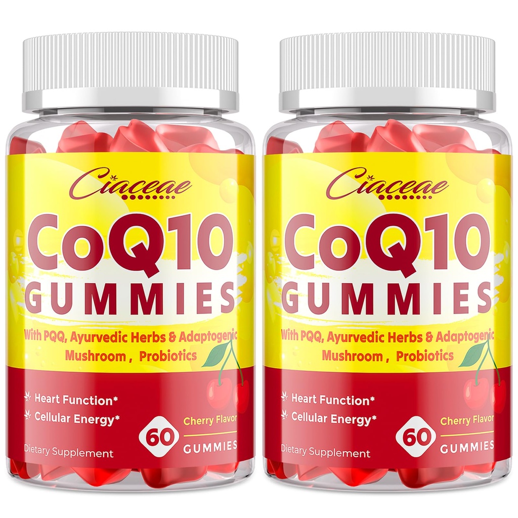 PQQ - 400 MG Coenzyme Q10 높은 Potency를 가진 CoQ10 Gummies는 심장, 뇌, 에너지, 면역성, 체리 풍미, 120 Vegan Gummies를 위한 아유르베디드 버섯 혼합 & Probiotics로, 강화했습니다