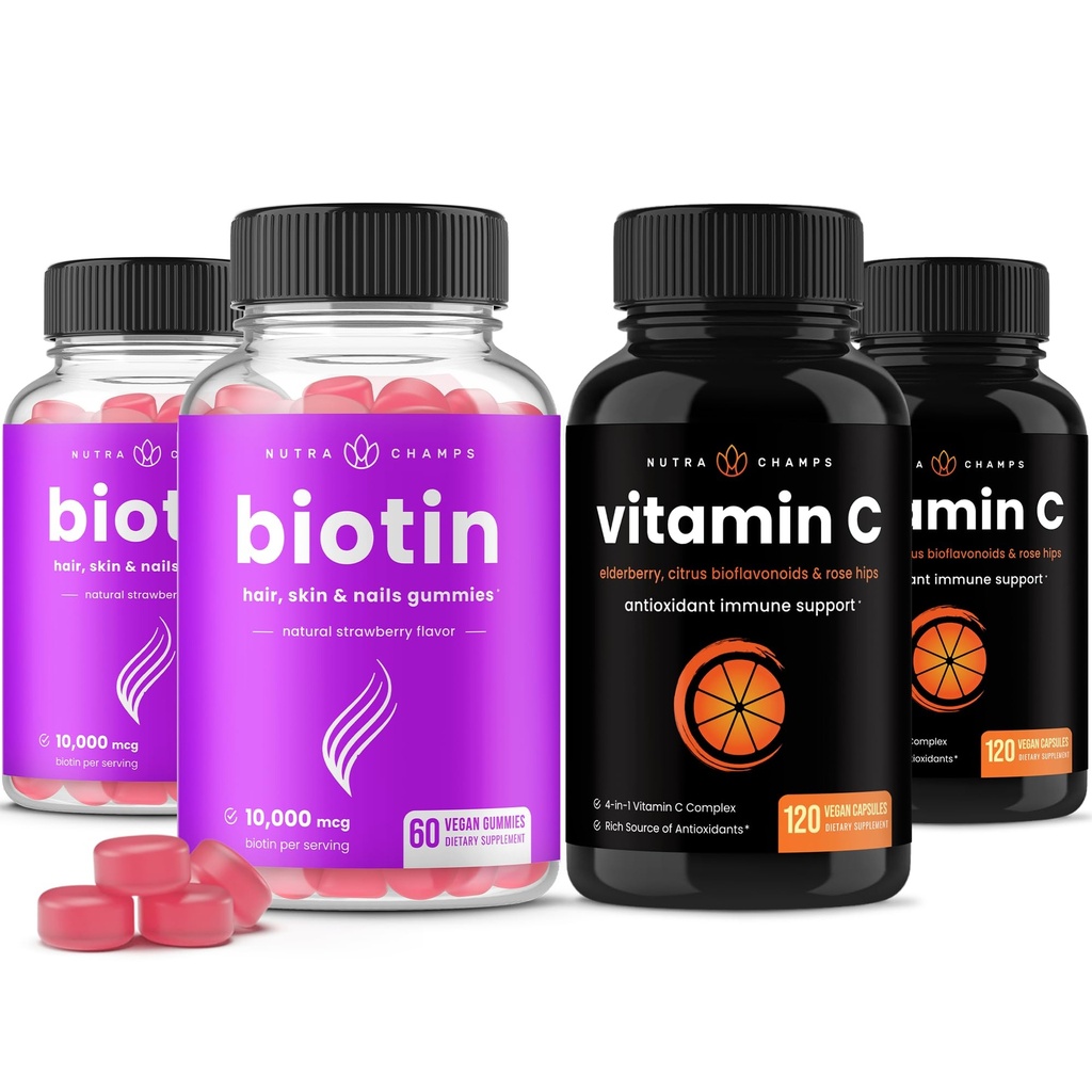 NutraChamps Biotin Gummies (2 팩) 및 비타민 C 캡슐 (2 팩) 4 팩 번들