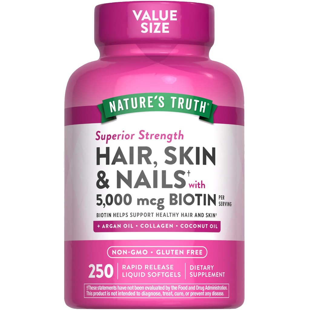 Nature's Truth Hair, Skin & Nails Vitamins | 5000mcg | 250 Softgels | Collagen, Biotin, Coconut Oil 포함 | 여성과 남성을 위한 비 GMO & 글루텐 무료 보충