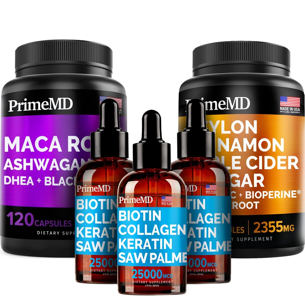 5-in-1 Ceylon Cinnamon (120ct), 4-in-1 Biotin Collagen Keratin Saw Palmetto (2 fl oz - 3 Pack) 및 6-in-1 Maca Root Ashwagandha (120ct) 번들 - 에너지, 무드, 머리, 피부 및 면역 지원 보충교재