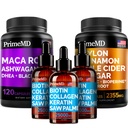 5-in-1 Ceylon Cinnamon (120ct), 4-in-1 Biotin Collagen Keratin Saw Palmetto (2 fl oz - 3 Pack) 및 6-in-1 Maca Root Ashwagandha (120ct) 번들 - 에너지, 무드, 머리, 피부 및 면역 지원 보충교재