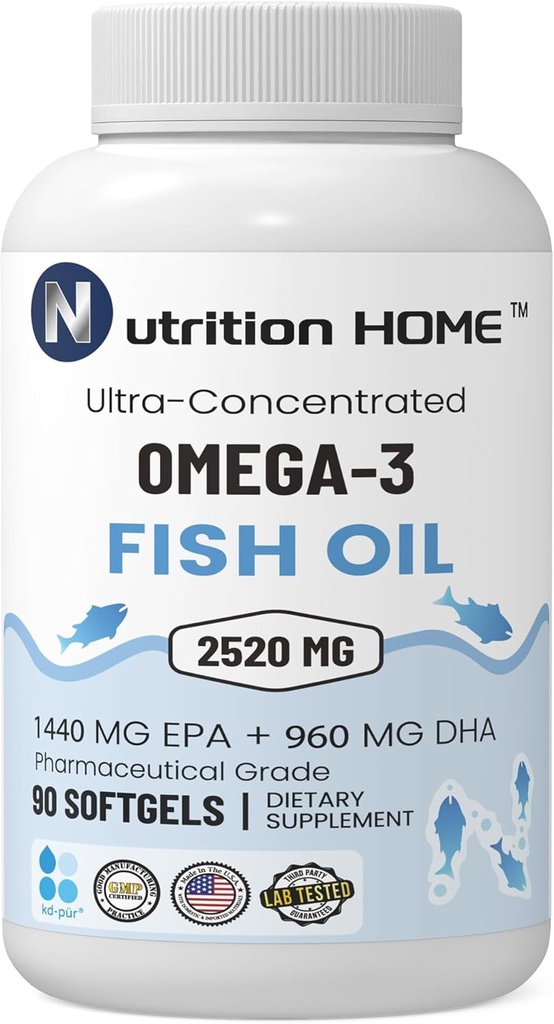 세 배 힘 오메가 3 물고기 기름 3000 mg EPA & DHA, 오메가 3 지방산의 2520mg 1440mg EPA + 960mg DHA 제일 정유 지방산 우수한 Burpless Softgel 보충교재 (90)
