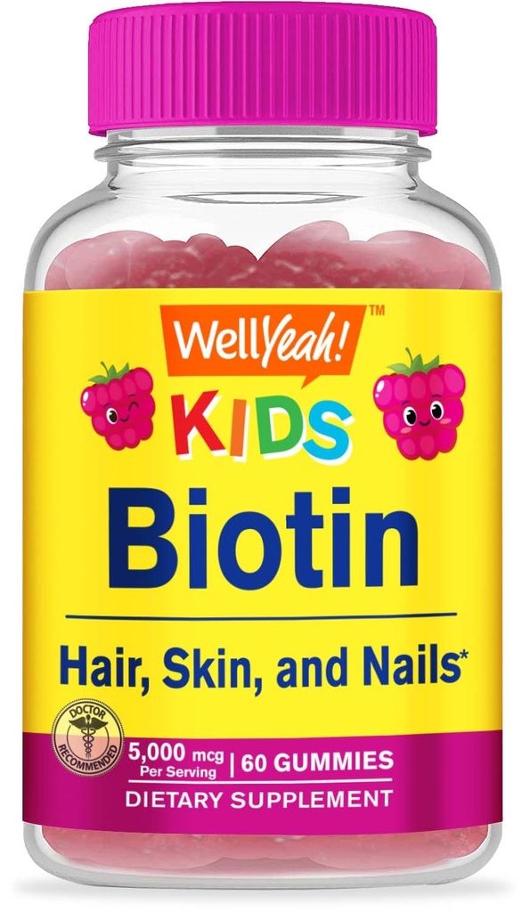 WellYeah Biotin Gummies for Kids 5000 mcg - 머리 성장, 피부 건강 및 손톱 지원 - 천연 소스 맛 - GMO 무료, 글루텐 무료 - 소년과 소녀를위한 거미 - 60 카운트