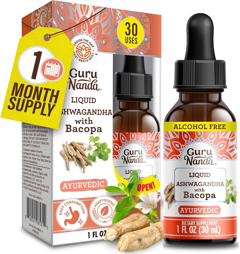 GuruNanda Liquid Ashwagandha with Bacopa (1 Fl Oz) - 천연 다이어트 보충 - 남성 및 여성 채식 및 알코올 무료 - 면역, 초점 및 휴식 지원