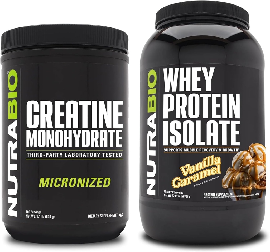 NutraBio Creatine Monohydrate, Unflavored, 500g 및 Whey Protein Isolate, Vanilla Caramel, 보충 번들 - 근육 에너지, Lean 근육 성장, 회복 및 힘