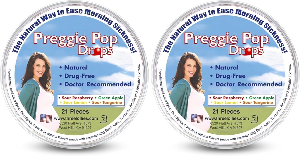3 Lollies Preggie Pop Drops - 21 Drops - 임신 중 아침 시력 구호 - 임신 한 엄마 및 아기를위한 안전 - 글루텐 무료 - 4 가지 맛 : 레몬, 라즈베리, 그린 애플, Tangerine (팩 2)