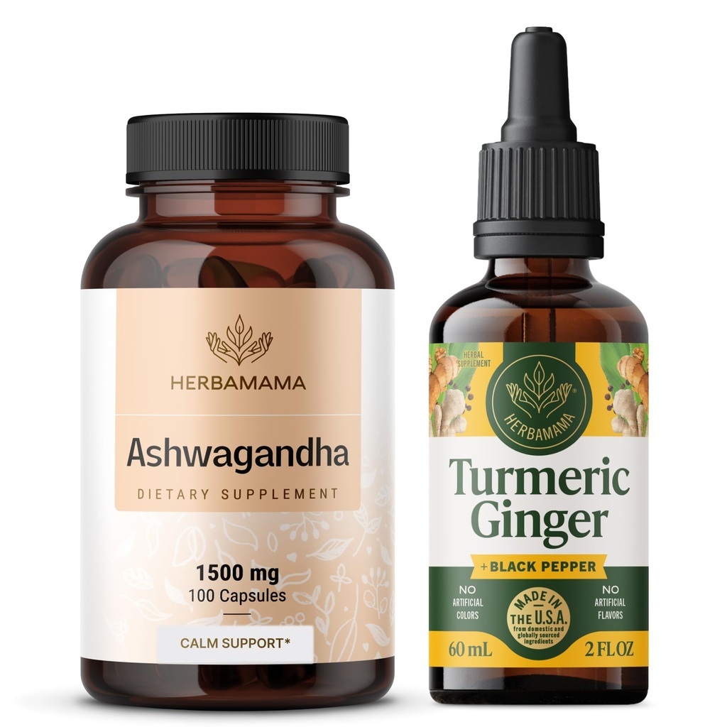 HERBAMAMA Ashwagandha 및 Turmeric Ginger 키트 - 1500 mg Ashwagandha 뿌리 캡슐 및 Turmeric Ginger Tincture 2 fl oz의 번들 - Vegan, Non-GMO, Sugar & Alcohol-Free - 2 팩