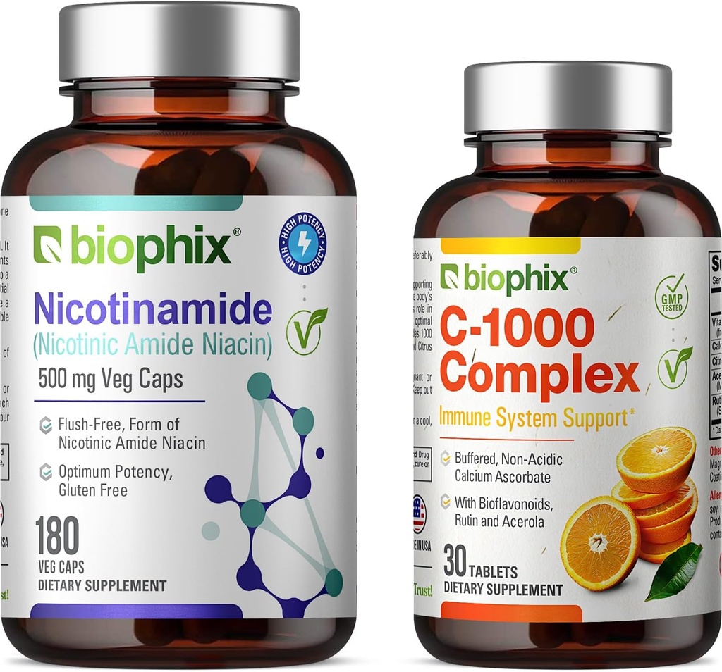 비스듬한 B-3 니코틴 아미드 500 mg 180 Vcaps - 무료 비타민 C-1000 30 정제 - 니코틴 아미드 Niacin 자연적인 홍조 자유로운 비타민 공식 - 지원 피부 세포 건강