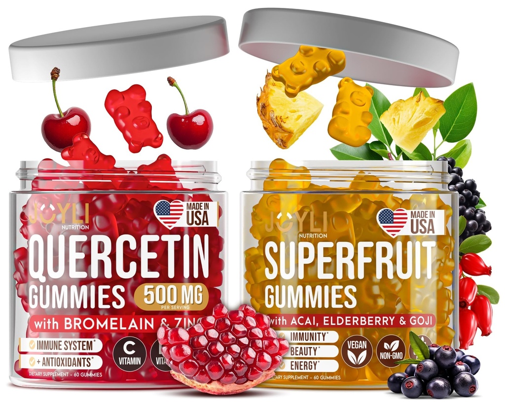 Joyli Quercetin & Superfruit Gummies 번들 - 면역 및 산화 지원 - 비타민 A, C, D, E, 아연, Goji & Elderberry와 Vegan Multivitamin 공식 - 성인 2 팩