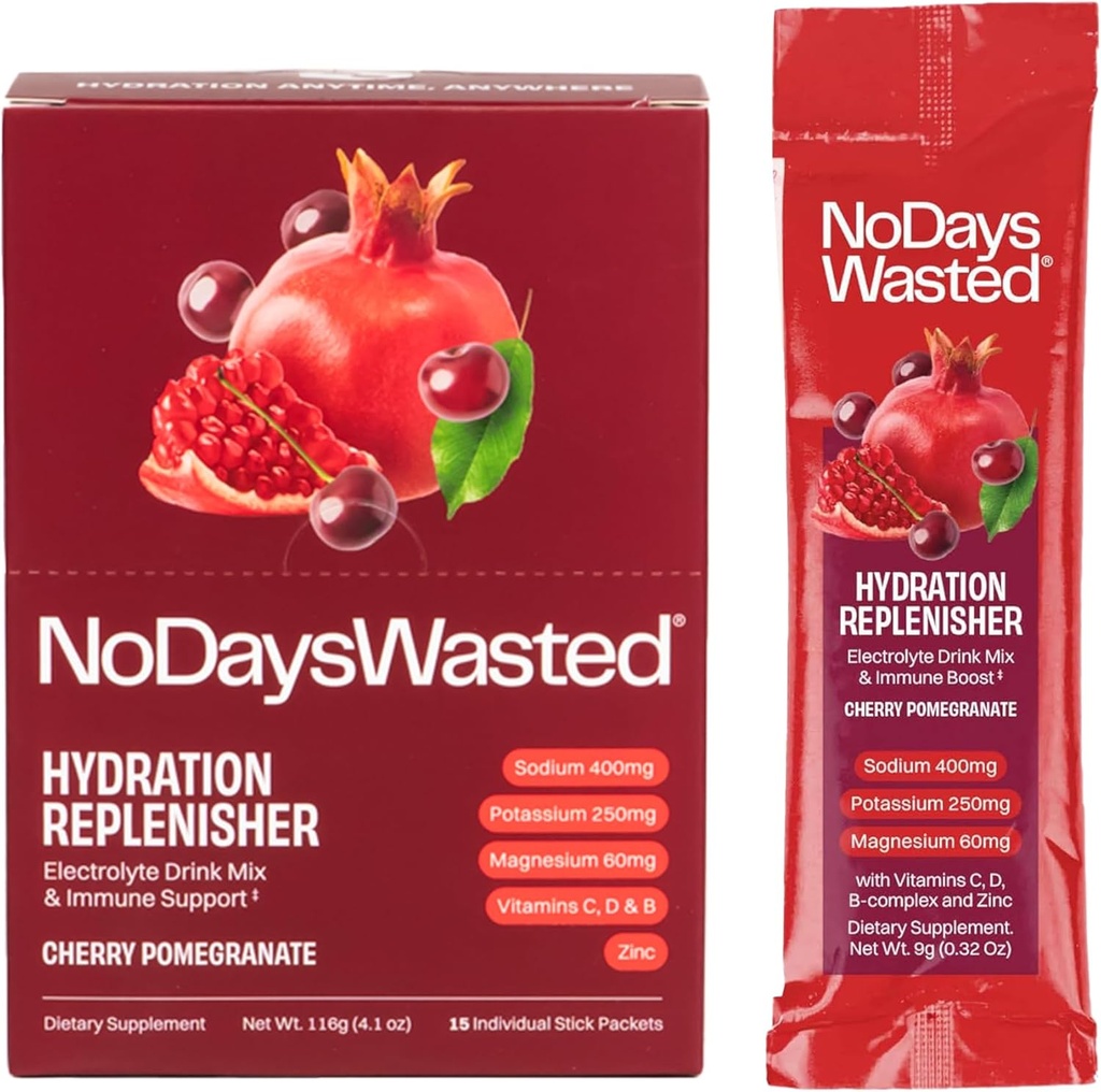 Hydration Replenisher Electrolyte Replacement Stick Packets | Essential Rapid Hydration & Vitamin | 나트륨, 칼륨, 마그네슘, 비타민 B, C, D, 아연 | Cherry Pomegranate | V2 Reformulated