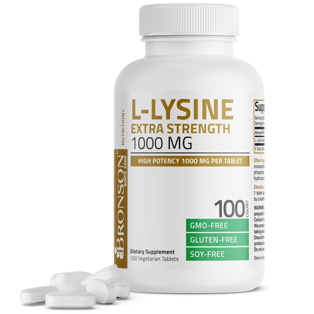 Bronson L-Lysine Extra Strength 1000 MG per Tablet High Potency, Immune Support & Supports Collagen Synthesis, Non-GMO, 100 채식 정제