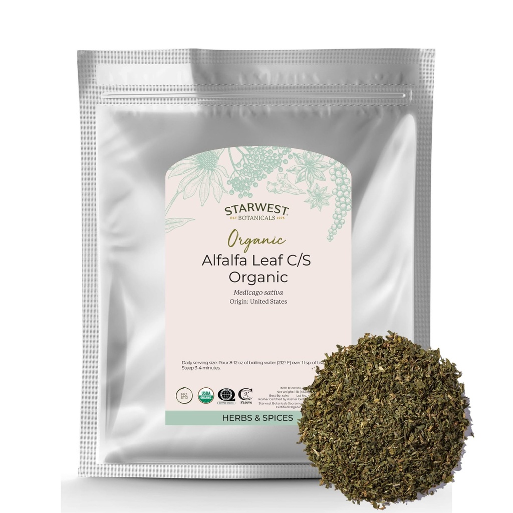 Starwest Botanicals Organic Alfalfa Leaf - 영양용 느슨한 잎 허브, 차, 주스, & 스무디, 컷 & Sifted, 공인 Kosher, Non-GMO - 대량 1 lb 가방