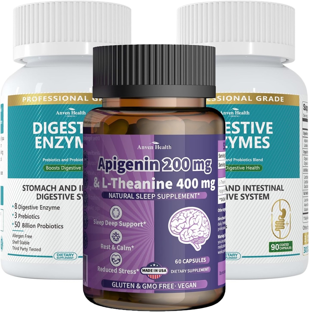 Apigenin with L-Theanine + Digestive Enzymes Wellness Bundle - 자연의 휴식, 스트레스 완화 및 소화 지원