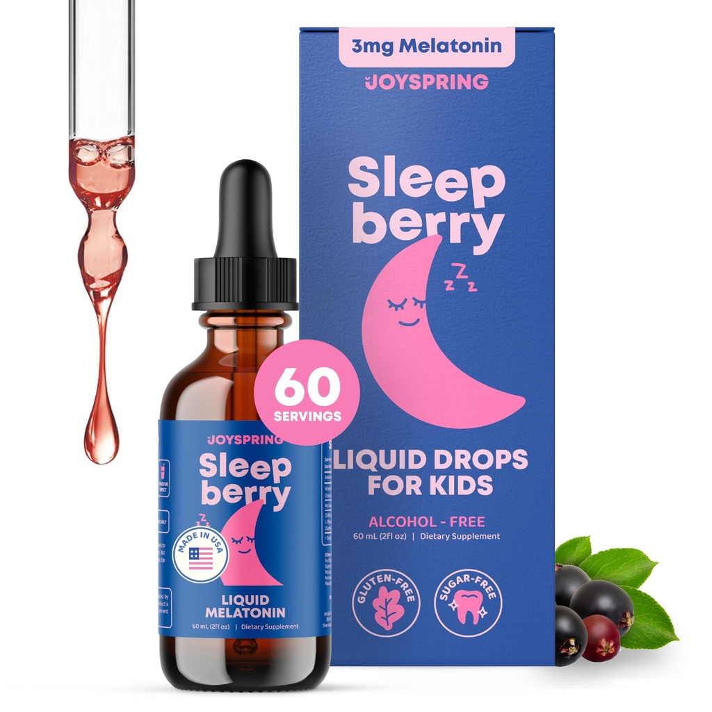 JoySpring Sleepberry Kids Melatonin 3 mg - L Theanine, 높은 흡수 Berry Drops (2 fl oz) 60 서빙, 어린이 Melatonin 비타민 D Kids Travel Essentials