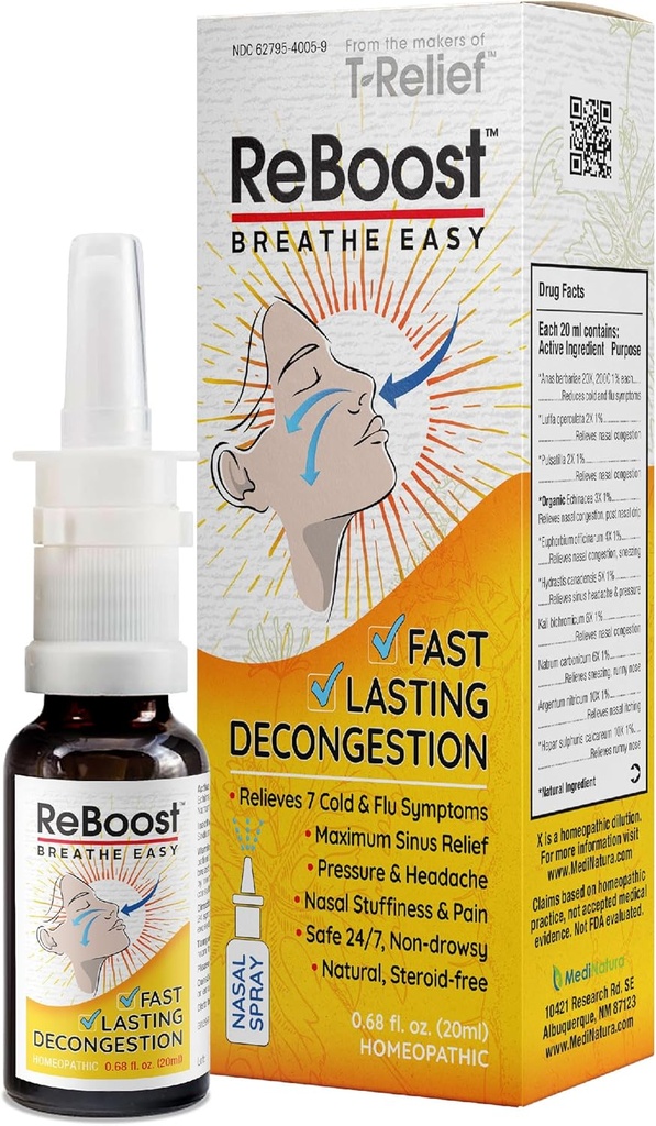 ReBoost Breathe Easy Decongestion Nasal Spray Fast-Acting Cold & Flu Symptom Relief Natural Homeopathic Ingredients 도움말 Calm Congestion, Headache & Sinus Pressure - 0.68 oz