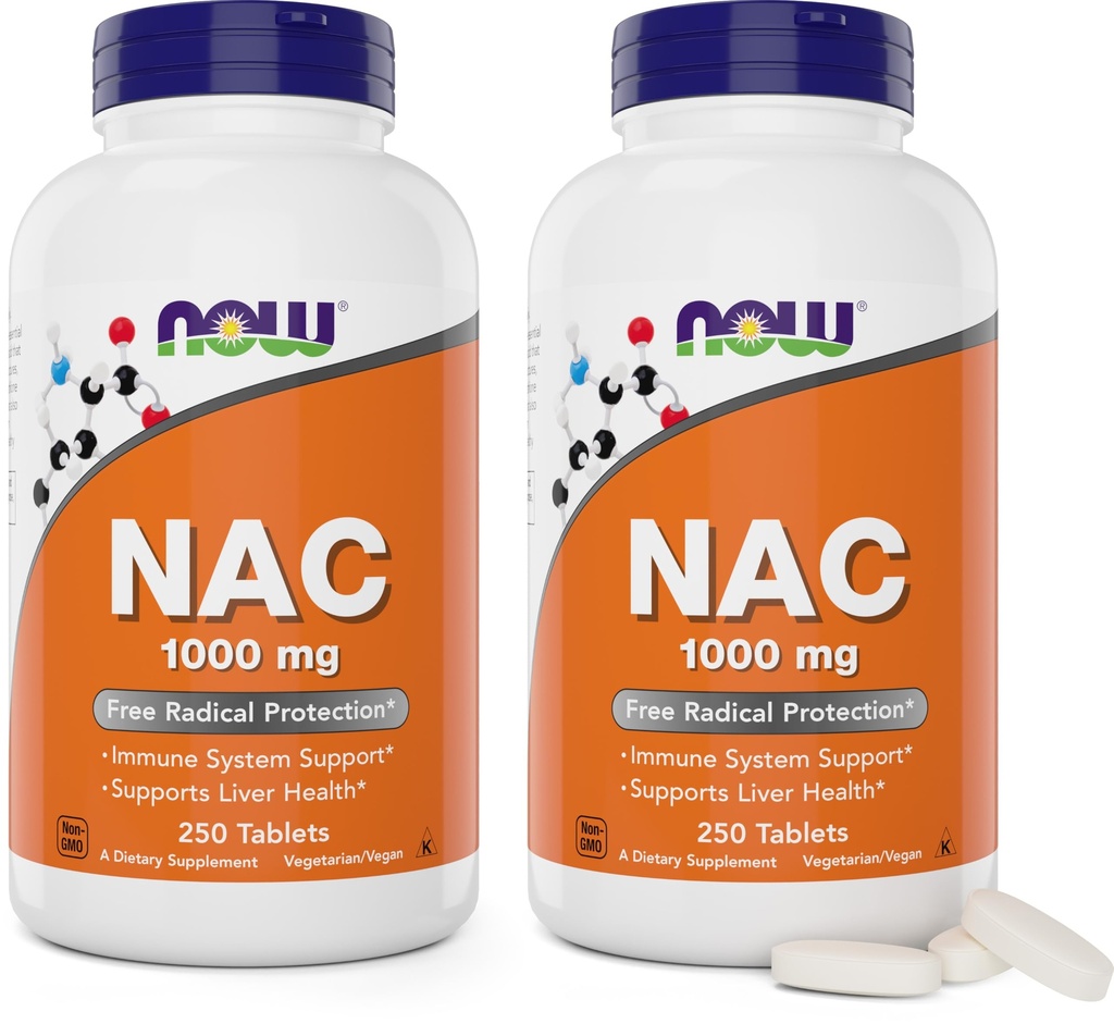 NOW 식품 NAC 1,000 mg, 250 정제 (팩 2), N-Acetyl-Cysteine 보충, 1000mg (1 그램) 정제 당 - 채식주의, 비 GMO