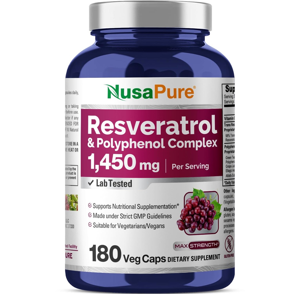 NusaPure Resveratrol & Polyphenol Complex 1450mg 180 채식 모자 (비 GMO, 채식주의자) 비타민 C