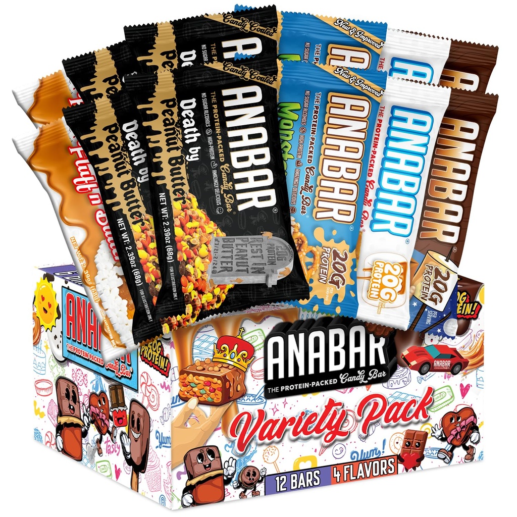 Anabar Protein Bar, Protein-Packed Candy Bar, 세계 최고의 Tasting Protein Bar, 설탕 알코올 없음, 고단백, 놀랍게도 맛있는, 단백질 20 그램 (12 Bars, Variety Pack)