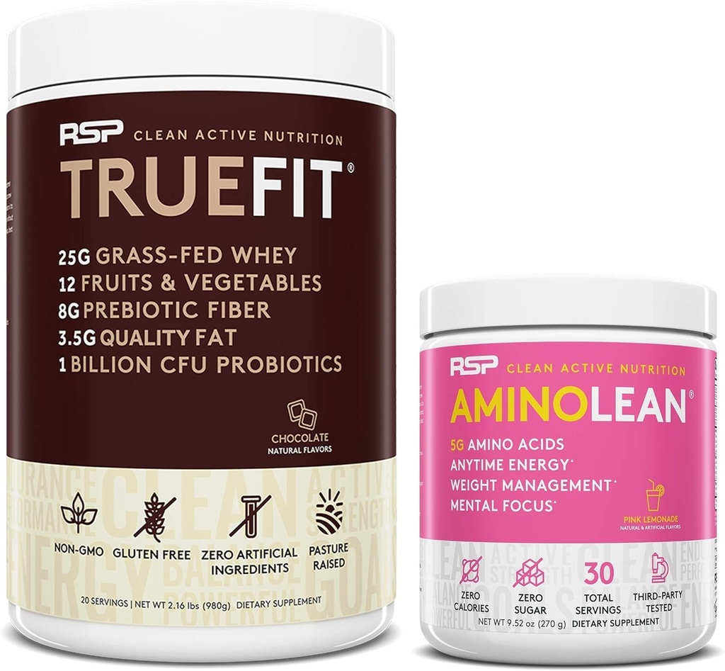 RSP NUTRITION AminoLean Pre 운동 에너지 (Pink Lemonade 30 서빙) TrueFit Protein Powder (Chocolate 2 LB)