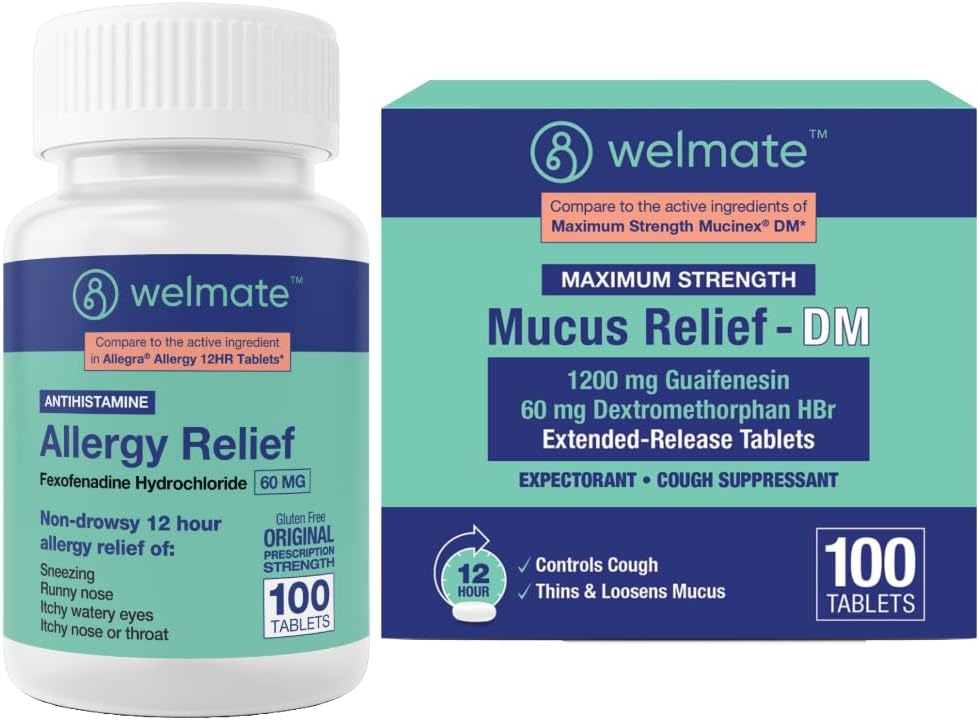 WELMATE 총 호흡 건강 뭉치: 알레르기 기복 Fexofenadine HCl 60mg (100 Ct) 12-Hour 비 Drowsy 항히스타민 + 최대 힘 Mucus 기복 DM 1200mg Guaifenesin & 60mg DXM (100 Ct)